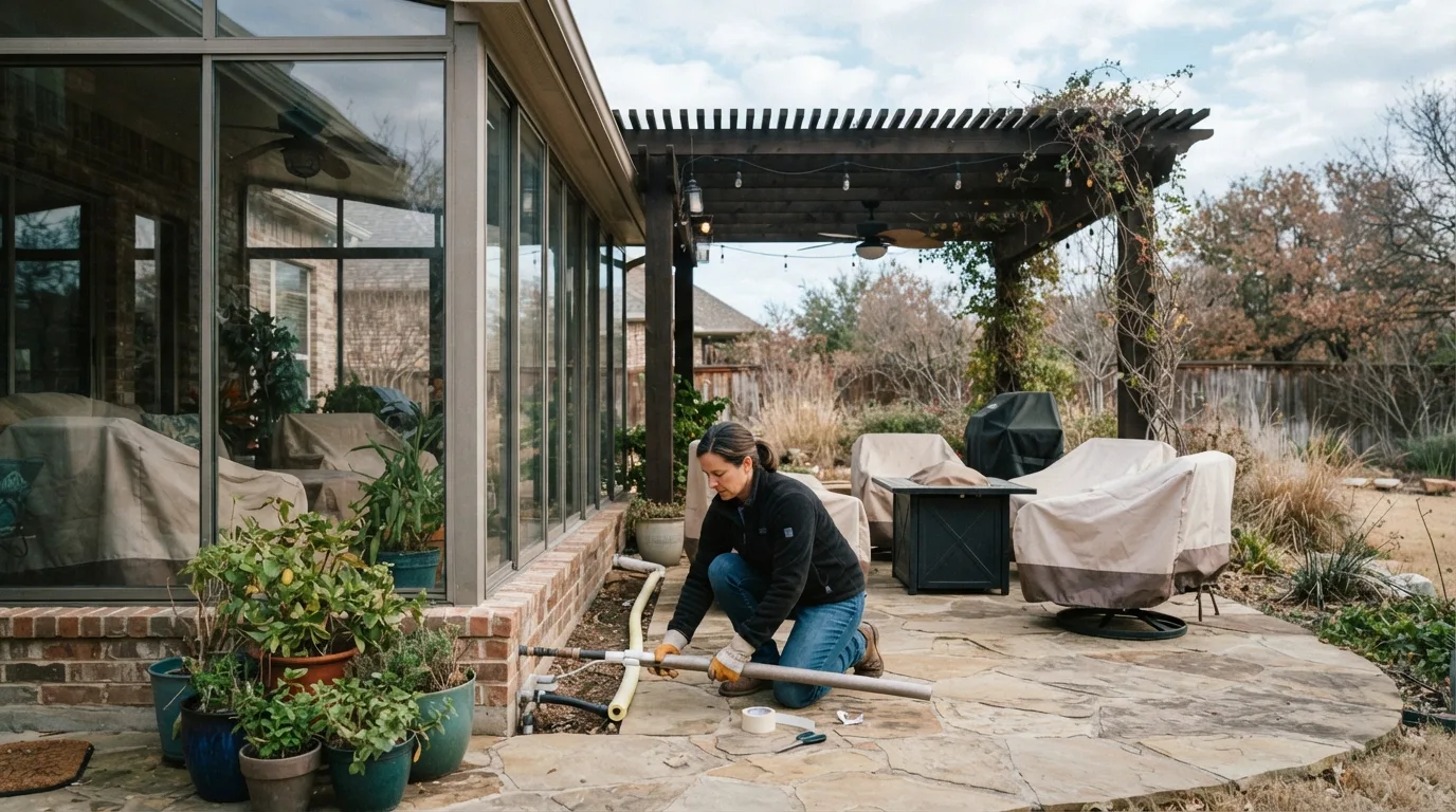 Wide view of a sunroom, patio cover and pergola in natural daylight, framed for a banner crop