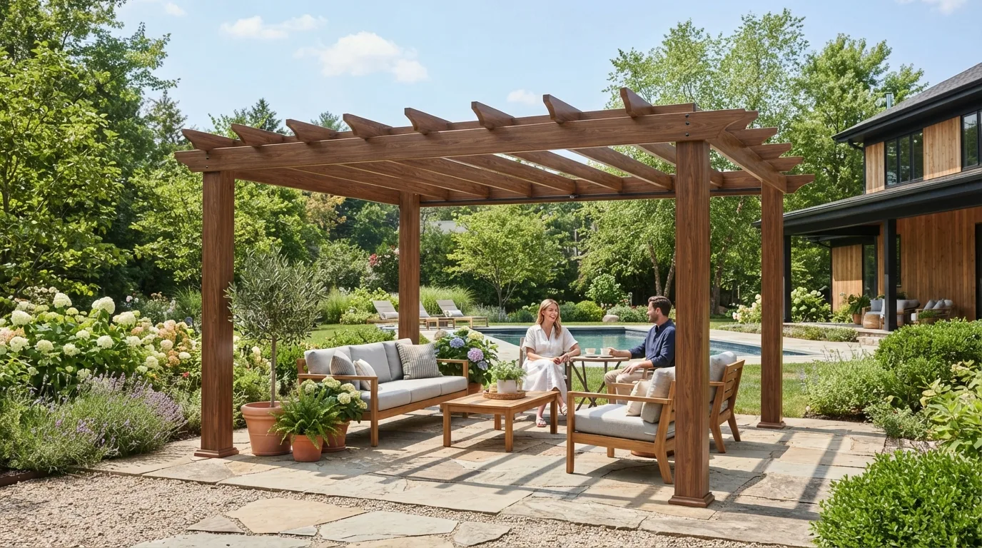An aluminum pergola with a wood-like appearance in natural light.