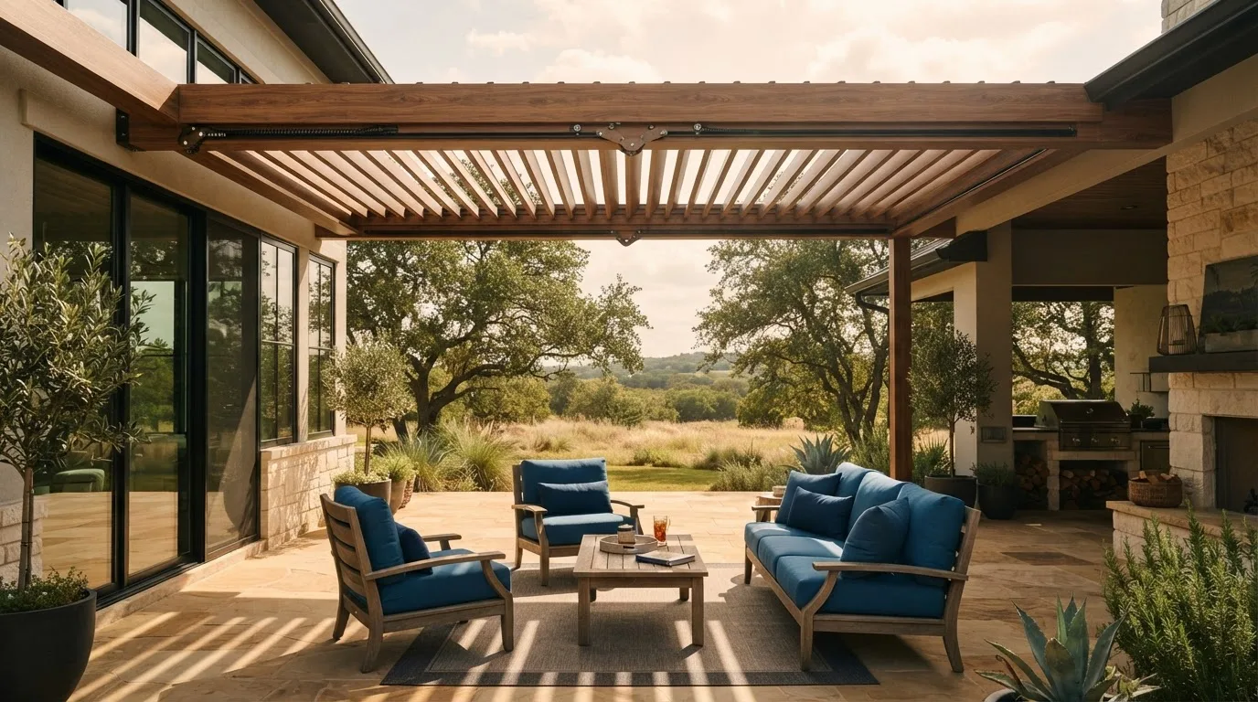 A wood-look aluminum pergola with partly open adjustable slats casts patterned shade over a patio.
