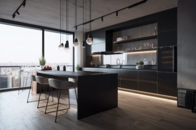 A modern minimalist kitchen with high-tech appliances